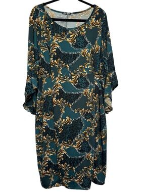 Story Teller Plus Size Teal Gold Baroque Chain Print Scoop Neck Bell Sleeve 3X